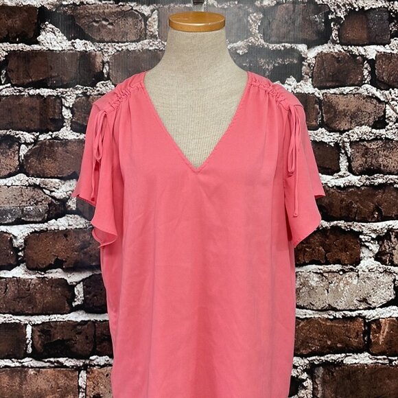 Ann Taylor Blouse V-Neck Synched Shoulders Bubble Gum Pink Size Large L - Picture 7 of 16